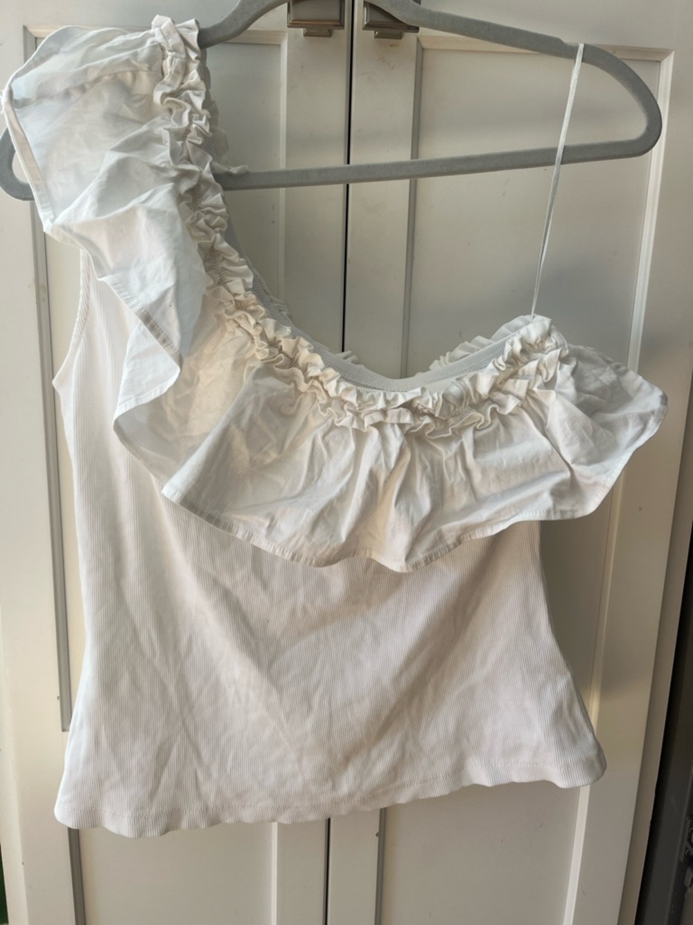 Porridge x Anthropologie white ruffle cotton one shoulder top sz M coastal - Picture 2 of 5